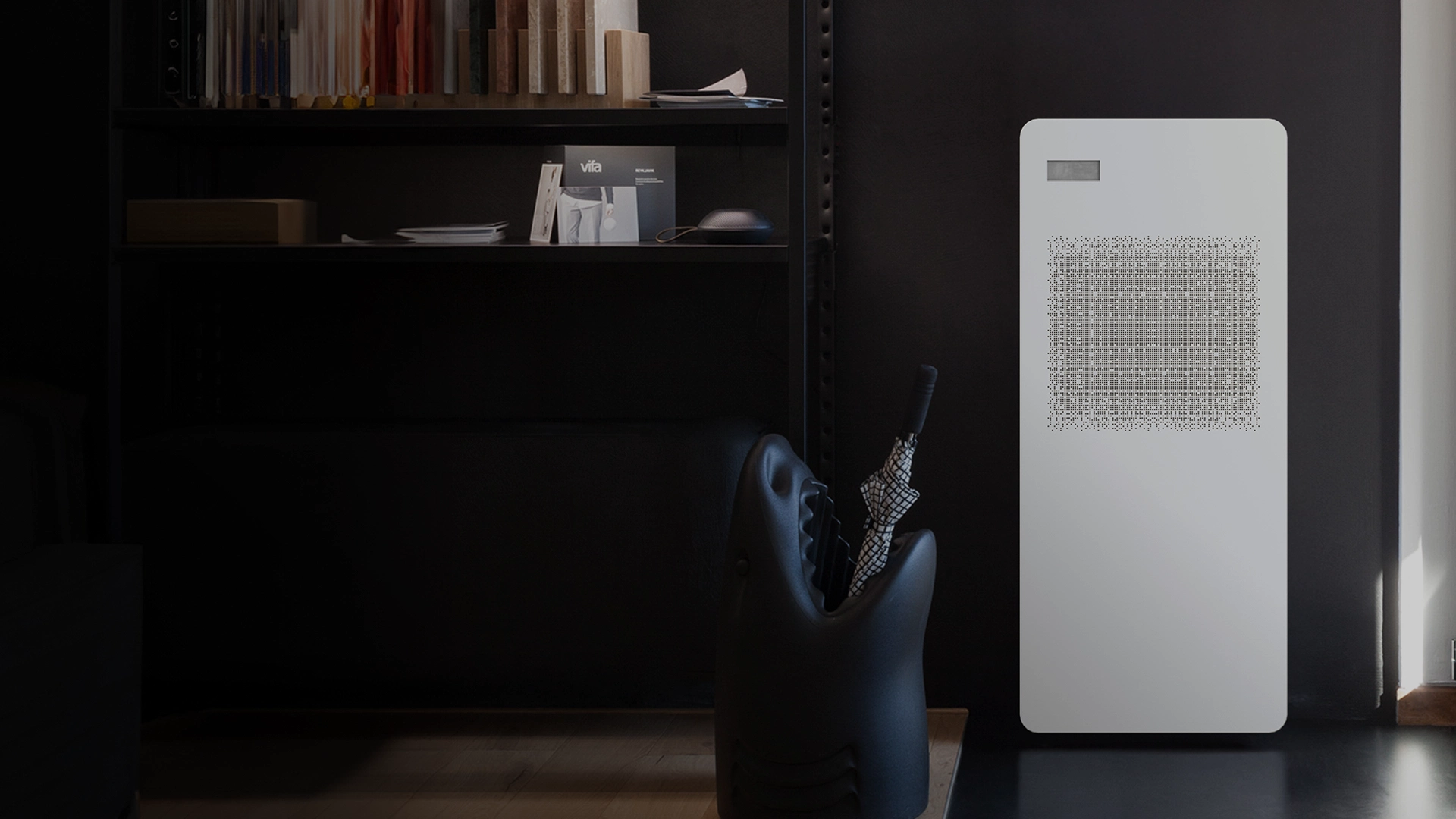 Innova AIO Floor Standing heat pump in a dark modern living room