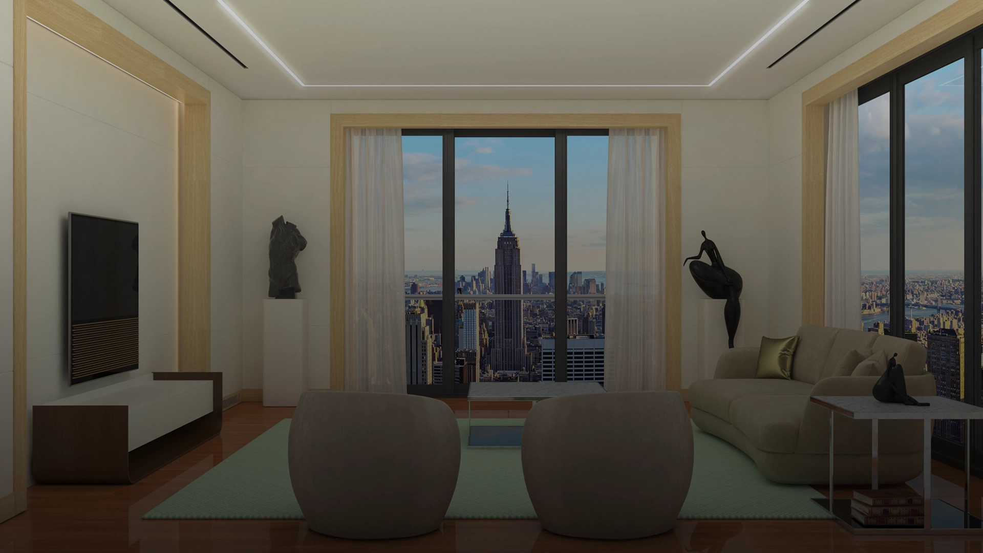Living room with city views served by a concealed Innova AIO Vertical Stack XL